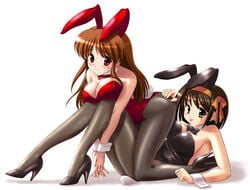 00s 2girls :p animal_ears asahina_mikuru ass ass_grab black_leotard bow bowtie breasts brown_hair bunny_ears bunny_girl bunnysuit cleavage detached_collar high_heels kishi_nisen large_breasts legs leotard multiple_girls pantyhose red_leotard shiny shoes short_hair simple_background suzumiya_haruhi suzumiya_haruhi_no_yuuutsu tongue tongue_out white_background wrist_cuffs