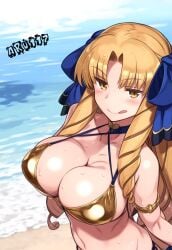 1girls ai_generated aru117 beach bikini blonde_hair blue_ribbon blush fate/hollow_ataraxia fate_(series) female_only golden_bikini golden_eyes inminent_sex luviagelita_edelfelt pose sea sweat tongue_out younger_female