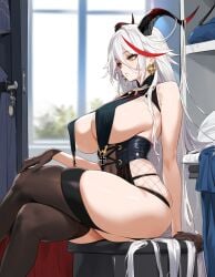 1girls aegir_(azur_lane) ai_generated azur_lane big_breasts breasts female female_focus female_only horns huge_breasts large_breasts light-skinned_female thick_thighs thighs white_hair yellow_eyes