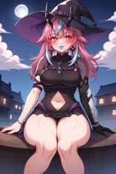 1girls ai_generated big_breasts breasts emikukis halloween halloween_costume latam_virtual_youtuber long_hair looking_at_viewer multicolored_hair night outdoors partially_clothed pink_hair public sky_blue_hair solo_female tagme thighs tupadrev4 virtual_youtuber vtuber witch witch_costume