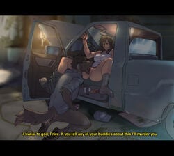 2017 5_fingers anthro bottomless brown_hair canine car character_request clothed clothing cunnilingus depth_of_field duo english_text erection female female_on_anthro fur hair highres human human_on_anthro humanoid_penis interspecies kneeling male mammal masturbating_during_cunnilingus masturbation oral partially_clothed penile_masturbation penis pussy sex spread_legs spreading straight text tongue tongue_out truck tzarvolver vaginal_penetration vehicle