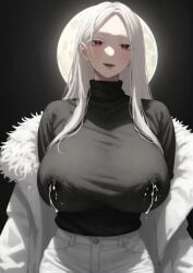 1girls ai_generated black_sweater fangs lactation_through_clothes red_eyes supergetthi vampire white_hair white_jacket white_pants