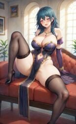 1girls :d ai_generated aimoonshine alternate_costume armlet bare_shoulders black_footwear black_thighhighs blue_eyes blue_hair blush bracelet breasts byleth_(fire_emblem) byleth_(fire_emblem)_(female) cleavage clothing_cutout collarbone couch dress elbow_gloves eyeshadow female female_only fire_emblem fire_emblem:_three_houses gloves high_heels indoors jewelry knee_up large_breasts long_hair looking_at_viewer makeup navel navel_cutout necklace open_mouth pelvic_curtain purple_dress purple_gloves sitting smile solo spread_legs thick_thighs thighhighs thighs