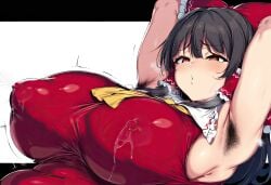 1girls ai_generated armpit_hair big_breasts breasts brown_eyes brown_hair deepjungle enormous_breasts female female_focus female_only hairy_armpits huge_breasts lactation_through_clothes large_breasts nipples nipples_visible_through_clothing red_ribbon reimu_hakurei touhou