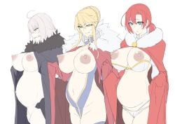 3girls ahoge artoria_pendragon_(fate) artoria_pendragon_(lancer)_(fate) big_belly black_cloak blonde_hair boudica_(fate) braid braided_bun breasts clenched_teeth cloak coat commentary_request dark_nipples fate/grand_order fate_(series) fur-trimmed_coat fur_trim furrowed_brow green_eyes hair_bun jeanne_d'arc_alter_(fate) ky. large_breasts leotard multiple_girls multiple_pregnancies nipples open_cloak open_clothes open_mouth outie_navel panties ponytail pregnant red_cloak red_hair short_hair sidelocks simple_background sweat teeth triple_pregnancy underwear white_background yellow_eyes