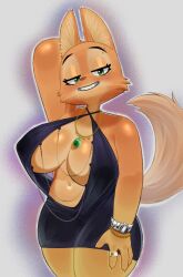 2d anthro big_breasts black_dress breasts canine canine_humanoid clothing_pull cute cute_face diane_foxington digital_media_(artwork) dreamworks dress ear_tuft eyebrow_piercing eyebrows eyelashes female female_only fox fox_humanoid front_view fur furry furry_female furry_only green_eyes grimy291 mammal mammal_humanoid necklace orange_body orange_fur piercing red_nose solo solo_female standing tagme tail tan_body the_bad_guys tuft white_sclera