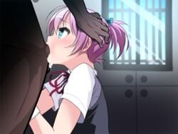 1boy blue_bow blue_eyes blue_hairband blush bow cum cum_in_mouth cum_inside dark-skinned_male dark_skin deepthroat fellatio female fringe hair_ribbon hairbow hand_on_another's_head interracial irrumatio kantai_collection kuro_chairo_no_neko male no_gag_reflex oral petite pink_hair ponytail shiranui_(kantai_collection) short_hair straight tied_hair upper_body