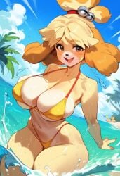 2d ai_generated animal_crossing beach big_breasts bikini canine day dog_ears dog_girl female female_focus female_only furry furry_female hellblueboy4 highleg highleg_bikini isabelle_(animal_crossing) outdoors solo solo_female solo_focus tagme