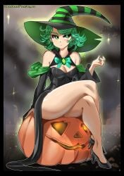 1girls 2024 2d 2d_(artwork) female_only green_eyes green_hair halloween jerbeartraveler jpeg jpg lewdrover lewdtraveler_(artist) light-skinned_female one-punch_man pumpkin tagme tatsumaki witch_costume witch_hat