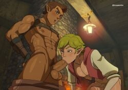 2boys abs bara blonde_hair blowjob blush brown_hair burankoprn finn gay hand_around_neck large_penis male_focus male_only masturbation nintendo pants_down pushing_down pushing_head pushing_head_down russ shirt_lift sweat tears_of_the_kingdom the_legend_of_zelda the_legend_of_zelda:_tears_of_the_kingdom undressing yaoi