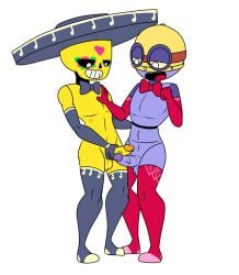 2boys artist_request brawl_stars carl_(brawl_stars) erection femboy frottage gay hat penises_touching poco_(brawl_stars) robot skeleton standing tagme thighhighs touching_penis twink white_background yaoi