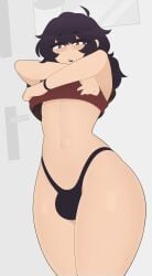 1boy black_hair bulge crossdressing exqmaster femboy human human_only looking_at_viewer male taking_clothes_off thick_thighs thin_waist thong