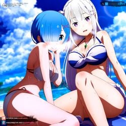 2girls ai_generated beach big_breasts bikini blue_eyes blue_hair blush clouds collar curvy curvy_figure emilia_(re:zero) hair_ornament juanpiamvs long_hair patreon patreon_username purple_eyes re:zero_kara_hajimeru_isekai_seikatsu rem_(re:zero) sea seaside short_hair silver_hair sitting sky smiling subscribestar subscribestar_username watermark