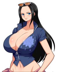 1girls big_breasts black_hair blue_eyes breasts eye_contact female female_focus female_only glasses glasses_on_head high_resolution huge_breasts long_hair looking_at_viewer nico_robin no_bra no_panties no_underwear one_piece revealing_clothes simmsy smile solo upper_body wide_hips