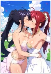 2girls ai_generated akeno_himejima bridal_lingerie bridal_veil bride bride_and_bride female girl_on_girl high_school_dxd lesbian_couple lesbian_kiss lesbian_marriage lesbian_sex lesbian_wedding married_couple rias_gremory wedding wedding_dress wedding_lingerie wedding_veil wife_and_wife yuri yuri_wedding