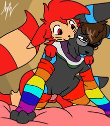 2017 alternate_color animated balls bed bed_sheet bedding black_nose brown_hair clothing cuntboy cuntboy/male deadxqueen eeveelution eyewear feral furret furry glasses hair intersex intersex/male joshy_furret leg_warmers legwear male nintendo paws penetration penis plateon_blueneon pokémon_(species) pokemon pussy scarf sex shiny_pokémon smile tongue tongue_out umbreon vaginal_penetration video_games