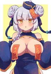 breasts_out chestnut_mouth double_bun halloween jiangshi large_breasts talisman talisman_pasties tiger_girl v-shaped_eyebrows white_hair yellow_eyes