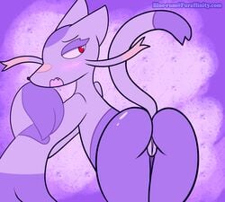 ass blue-rum blush fangs invalid_tag mienshao nintendo open_mouth pokémon_(species) pokemon pose pussy red_eyes shiny video_games