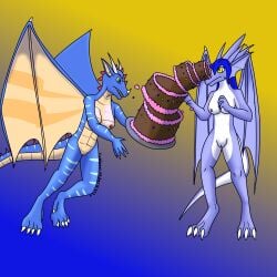 anthro bikini birthday_cake blue_body blue_scales cake clothing dessert dragon duo female female/female food fyreblazes hi_res mythological_creature mythological_scalie mythology nude scales scalie snowfyre_(character) swimwear tripping two-piece_swimsuit wings