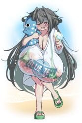 black_hair exhausted gigantic_breasts hugging_toy hyper_breasts ice_cream lactation_through_clothes melting_ice_cream messy_hair micro_bikini nipple_bulge original original_character red_eyes sagging_breasts sandals scaf295 shaded_face toes very_long_hair wet_shirt