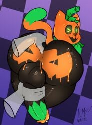 absurd_res anal anal_fingering anthro ass backsack balls big_balls big_butt big_penis blush bodily_fluids bodypaint disembodied_hand domestic_cat felid feline felis fingering food fruit genital_fluids genitals hi_res jack-o'-lantern male mammal paws penis plant precum pumkat pumpkin raccoon_mints rear_view solo solo_focus stroking_penis tail thumb_in_ass