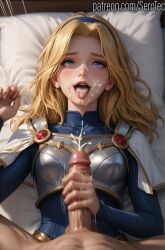 1female 1girls 2d ai_generated armor armored_female blonde_female blonde_hair blue_eyes breastplate cum cum_in_mouth cumshot detailed_female facial female from_above girl hairband handjob hi_res high_resolution highres league_of_legends luxanna_crownguard male_pov pony_diffusion_xltasy pov riot_games serotec tongue tongue_out