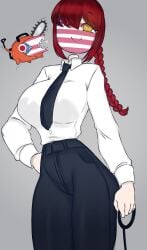 american american_female big_ass big_breasts chainsaw_man cosplay countryhumans countryhumans_girl female female_focus flawsy halloween leash makima_(chainsaw_man)_(cosplay) ohio_(countryhumans) pochita_(chainsaw_man) red_hair tagme thick_thighs united_states_of_america_(countryhumans) yellow_eyes