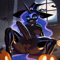 ai_generated anthro anus balls black_lipstick black_penis breasts collar futanari halloween jack-o'-lantern latex my_little_pony nightmare_moon_(mlp) penis ponut pony princess_luna_(mlp) thighhighs