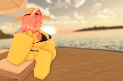 1girls 3d beach beach_hat bikini black_bikini black_bra jhavu(oc) pink_hair roblox robloxian sitting tagme