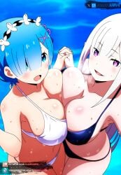 2girls ai_generated big_breasts bikini blue_bikini blue_eyes blue_hair curvy curvy_figure emilia_(re:zero) hair_ornament juanpiamvs long_hair open_mouth patreon patreon_username pool pressing_breasts_together purple_eyes re:zero_kara_hajimeru_isekai_seikatsu rem_(re:zero) short_hair silver_hair smiling subscribestar subscribestar_username sweatdrop water watermark white_bikini