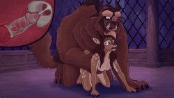 16:9 anthro beast_(disney) beauty_and_the_beast belle_(beauty_and_the_beast) bodily_fluids cum cum_in_pussy cum_inside deer disney duo female genital_fluids hi_res humanoid internal knot knotting male male/female mammal rowan_crimes transformation widescreen