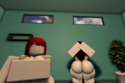 2girls 3d ass big_ass black_hair covering_breasts dancing friends lexi_(mistytwist) mistytwist original_character original_characters pale_skin red_hair roblox roblox_game robloxian room self_upload tagme thong white_skin xero_(mistytwist)