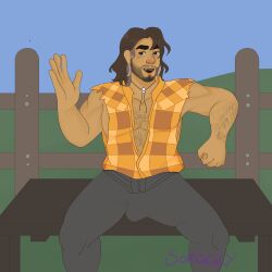 beard bulge bulge_through_clothing farmer fields_of_mistria gay hayden_(fields_of_mistria) legs_apart legs_spread long_hair male male_only outdoors outside sitting solo solo_focus solo_male sorggly