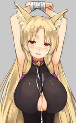 after_paizuri animal_ears armpits arms_up bare_arms bare_shoulders black_vest blonde_hair blush bound bound_wrists breasts cleavage cleavage_cutout commentary_request cum cum_on_body cum_on_breasts cum_on_clothes cum_on_upper_body eyebrows_visible_through_hair female fox_ears grey_background hair_tubes hands_above_head large_breasts long_hair looking_at_viewer original parted_lips pen_(pen3) red_eyes simple_background solo tears upper_body very_long_hair vest