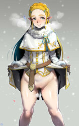 1girls absurdres belt blonde_hair blue_eyes blush bottomless breath_of_the_wild coat cold exhibitionism fur-trimmed_coat fur_trim gloves heart highres iku_(ikuchan_kaoru) legs long_hair nintendo nose_blush pointy_ears princess_zelda pubic_hair pussy pussy_juice self_exposure showing_pussy skirt skirt_lift smile snow snowing solo steaming_body steamy_breath steamy_pussy the_legend_of_zelda thighs winter winter_clothes winter_coat zelda_(breath_of_the_wild)