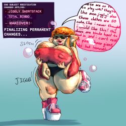 areolae big_breasts bimbo bimbo_lips bimbofication cleavage cleavage_overflow english_text grabbing grabbing_breasts grabbing_own_breast heels hyper_breasts inkling inkling_girl long_hair mostly_clothed nintendo onomatopoeia plump_lips shortstack splatoon syllabunne text text_bubble thick_thighs transformation