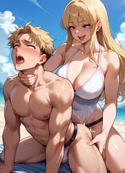 ahe_gao ai_generated anal beach blonde_female blonde_hair choking choking_while_penetrating dominant_female dominatrix female_penetrating_male femdom large_breasts leaking_cum male_ahegao male_penetrated pegging strapon submissive_male swimsuit tongue_out yhozuko