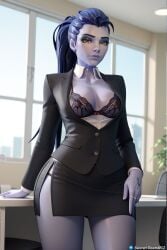 3d ai_generated amelie_lacroix big_hips blizzard_entertainment blue_hair bra female front_view office office_lady overwatch overwatch_2 purple_eyes secret_room12 stable_diffusion standing tattoo widowmaker yellow_eyes