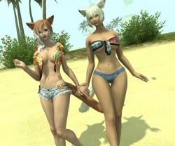 final_fantasy_xiv hand_holding miqo'te swimsuit yuri