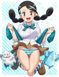 1girls 2018 abomasnow alternate_breast_size ambiguous_gender big_breasts black_hair blue_background blue_panties blue_striped_panties blush bouncing_breasts breasts brown_eyes cameltoe candice_(pokemon) clothed collared_shirt eyebrows eyelashes female female_only frilled_skirt frills full_body hair_ornament human human_only large_breasts long_hair long_sleeves looking_at_viewer low_twintails nintendo open_mouth panties pantsu pantyshot pokemoa pokemon pokemon_dppt regice shirt shoes simple_background skirt smile snow socks solo striped striped_background striped_legwear striped_panties striped_socks stripes teeth thigh_gap tongue twintails underwear white_border wide_hips wind wind_lift