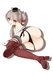 amatsukaze_(kantai_collection) anus ass black_hat black_panties censored choker female full_body garter_straps gloves grey_hair hair_between_eyes hair_tubes hat high_heels highres kantai_collection leaf1031 long_hair looking_at_viewer lying mini_hat on_side panties panty_pull pussy red_footwear red_legwear shoes simple_background solo thighhighs underwear white_background white_gloves yellow_eyes