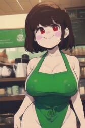 ai_generated apron apron_only bangs barista big_breasts blush blush_stickers bob_cut brown_hair cafe chara chara_(undertale) clothed coffee_shop curvy female green_apron iced_latte_with_breast_milk looking_at_viewer naked nipples_visible_through_clothing nude pale_skin pixai public red_eyes shop shoulder_length_hair smile smiling_at_viewer solo store undertale undertale_(series)