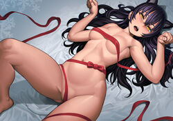 1girls armpits bangs barefoot bed_sheet black_hair blake_belladonna breasts cat_ears cat_girl fat_mons feet female fingernails grey_background hair_between_eyes horny inviting_to_sex knee_up lasterk long_hair looking_at_viewer lying medium_breasts naked_ribbon navel nipples nude on_back open_mouth paw_pose red_ribbon ribbon rwby snowflakes solo yellow_eyes