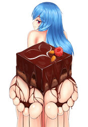 barefoot blue_hair cake chocolate chocolate_on_foot close_up_feet damao_yu dripping_chocolate feet female food food_on_feet food_play foot_fetish footjob forklift_certified looking_back pov pov_feet presenting presenting_feet smug soles tenshi_hinanawi toes touhou