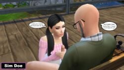 1boy age_difference black_hair caption captions couple couple_(romantic) cum cum_on_face cumshot cumshot_on_face cute cute_face female grandfather_and_granddaughter grey_hair handjob old_man petite petite_female sim_doe sims4 younger_female