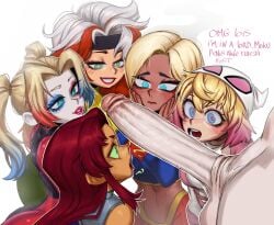 1boy 5girls batman_(series) big_penis blonde blonde_hair blue_eyes blue_hair brown_hair clown_makeup cock_shock crossover dark-skinned_female dark_skin dc dc_comics detective_comics english_text erect_penis erection female fourth_wall fourth_wall_broken green_eyes grin grinning gwenpool gwenpool_(series) hard_on harem harley_quinn heroine huge_cock hung large_penis light-skinned_female light-skinned_male light_skin lips long_penis looking_at_penis lord_moku makeup male marvel marvel_comics meme multicolored_hair multiple_girls multiversus penis penis_awe pink_hair plump_lips red_hair rogue_(x-men) smile smiling smirk smirking starfire straight supergirl superhero superheroine superman_(series) tan tan-skinned_female tan_skin teen_titans text thick_penis unseen_male_face white_hair wide_eyed x-men