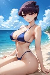 1girls ai_generated beach big_ass big_breasts blue_bikini curvy female haaz komi-san_wa_komyushou_desu komi_shuuko looking_at_viewer short_hair sitting solo