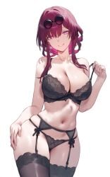 ai_generated ass_visible_through_thighs bare_arms bare_belly bare_shoulders belly_button big_breasts black_bra black_panties black_thighhighs bra breasts cleavage collarbone earrings garter_belt garter_straps hand_on_own_thigh honkai:_star_rail kafka_(honkai:_star_rail) lace-trimmed_bra lace-trimmed_panties lingerie long_hair mature_female panties parted_lips purple_eyes purple_hair setsuaiart shiny_skin smile strap_pull sunglasses_on_head thighhighs thighs underwear zettai_ryouiki