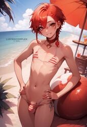 1boy ai_generated beach bikini bulge collar femboy feminine_male hands_on_hips lustedcomplex male male_only navel original outdoors outside red_eyes red_hair seaside sky smile solo solo_male swimwear trap