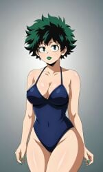 ai_generated clothed deku female female female_deku freckles genderswap_(mtf) green_eyes green_fingernails green_hair green_lipstick izuku_midoriya looking_at_viewer messy_hair my_hero_academia pixai rule_63 short_hair simple_background solo swimsuit